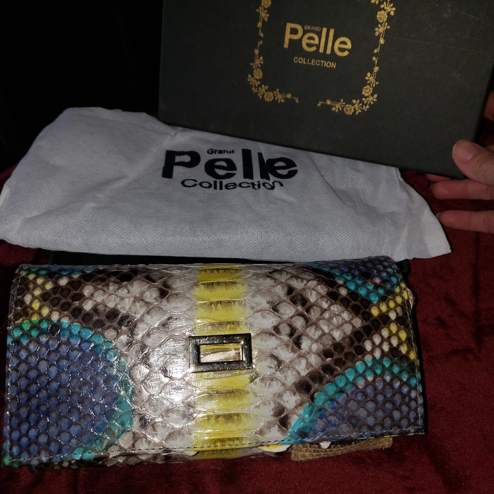 Authentic Python Peacock Blue Leather Bi-fold CrossBody Clutch